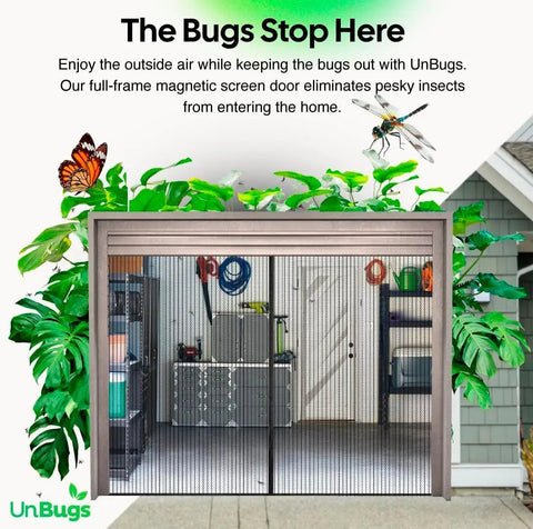 One Car Garage Screen Door With Magnetic Hands Free Closure, Fits Openings Up To Nine Feet Wide And Seven Feet Tall, Self Closing Bug Barrier in use