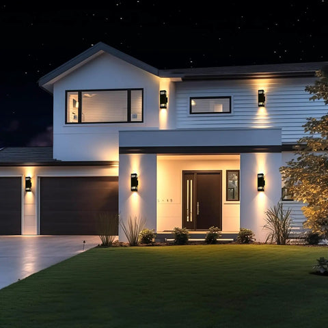 Modern house with Dusk To Dawn Outdoor Wall Light 2 Pack Brown Up Down Sconce illuminating porch and garage, IP65 rated