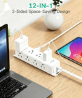 Dope 12 Outlet Surge Protector Power Strip With 3 Side Design Wall Mount Flat Plug 5 Foot Cord in use at desk