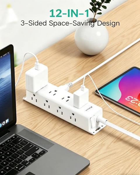 Dope 12 Outlet Surge Protector Power Strip With 3 Side Design Wall Mount Flat Plug 5 Foot Cord in use at desk
