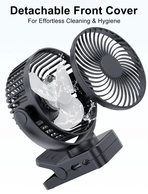 Two Pack Magnetic Clip On Fan For Golf Cart With 12000mAh Battery showing detachable front cover and butterfly illustration