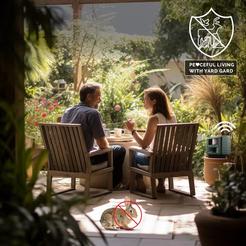 Yard Gard Ultrasonic Animal Repeller for 4000 Sq Ft Keeps Deer, Raccoons, and Skunks Out With Humane No Harm High Frequency Sound Humans Don't Hear But Pests Do for a Safer, Pest Free Backyard. Patio with device on planter, couple seated, rabbit icon crossed out.