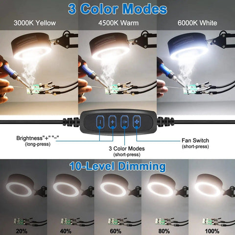 3 In 1 Solder Fume Extractor Smoke Absorber Fan Lamp demonstrating adjustable LED daylight and color modes