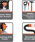 Kids Power Tools Workshop Bench With 75 Realistic Tools, Lights And Sounds, featuring miter saw, drill press, tools, and work light.