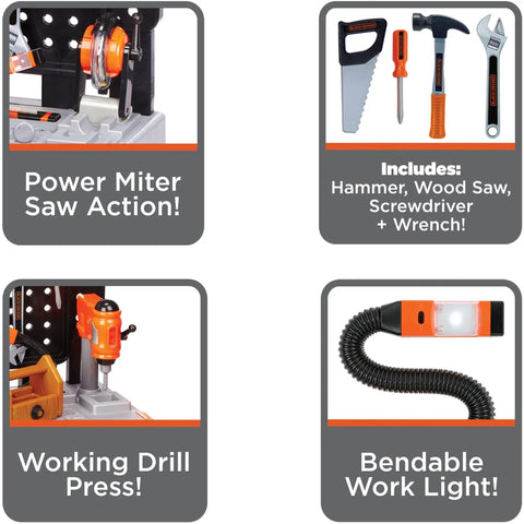 Kids Power Tools Workshop Bench With 75 Realistic Tools, Lights And Sounds, featuring miter saw, drill press, tools, and work light.