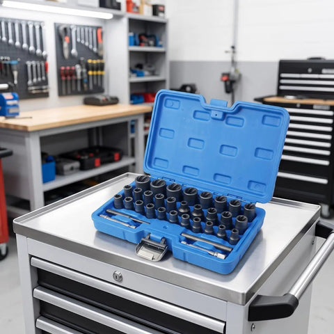 Top Tier 33 Piece Broken Bolt Extractor Set With Spiral Socket Nut Remover Kit For Cars And Trucks, CR-MO Steel Gear To Fix Rusty Bolts Fast In Your Garage Shop Or Workshop. blue case open on tool cart