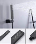 Top Shelf Wall Mounted Rain Shower System With A Water Powered Digital Display, handheld shower head in modern matte black finish.