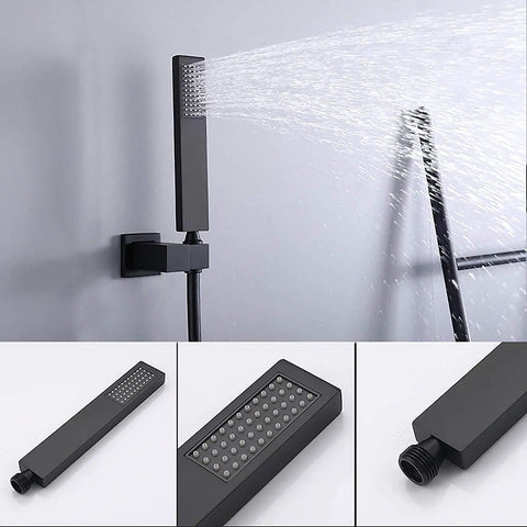 Top Shelf Wall Mounted Rain Shower System With A Water Powered Digital Display, handheld shower head in modern matte black finish.