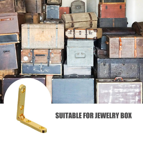Decorative 90 Degree Folding Hinges Set of 10 Zinc Alloy for Jewelry Boxes shown with vintage suitcases background