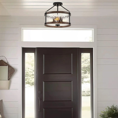 Rustic Farmhouse 14 Inch 3 Light Semi Flush Mount Ceiling Light With Crackle Glass Shade in an entryway