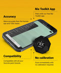 Portable Color Sensor And Color Matcher Tool With 300000 Plus Paint Library For Instant RGB Hex And CMYK Values Dust Debris And Splash Resistant IPX4 showing on smartphone screen with Nix Mini sensor