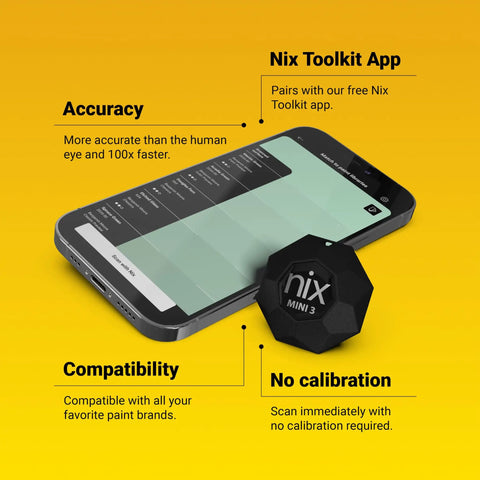 Portable Color Sensor And Color Matcher Tool With 300000 Plus Paint Library For Instant RGB Hex And CMYK Values Dust Debris And Splash Resistant IPX4 showing on smartphone screen with Nix Mini sensor