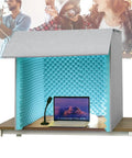 Portable Desktop Vocal Booth And Soundproof Recording Isolation Shield with blue foam, laptop, and microphone on a desk.