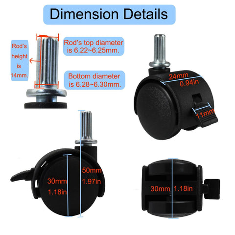 Pndbnq small swivel caster wheel with stem; black plastic wheel, metal stem, locking lever (front/side/close-up views)
