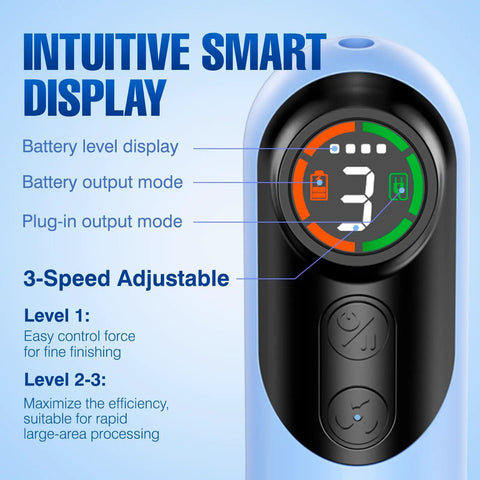 Intuitive LCD display on Versatile Do It All Electric Resin Sander And Polisher With Dual 2000mAh Batteries, showing 3-speed setting