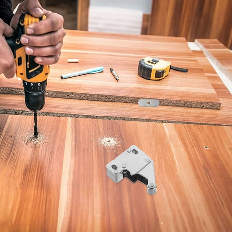 Installation of 2 Pack Kitchen Cabinet Door Catch Latch on wooden surface, showing stainless steel roller lock and tools