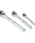 Quick Release Ratchet Wrench Set With One Quarter Inch Drive, Three Eighths Inch Drive, And One Half Inch Drive, set of three