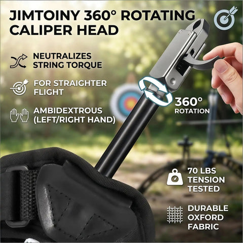 360 Degree Rotating Caliper Bow Release for Compound Bow with Oxford Fabric Wrist Strap and 360° rotation, ambidextrous use.