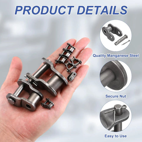Check Out This Sick Roller Chain Offset Half Link Set With 25.4mm Pitch, Built From Durable Manganese Steel Featuring ISO DIN 16B-1 Specs And Four Pieces To Fix Your Rig Fast! displayed in hand.