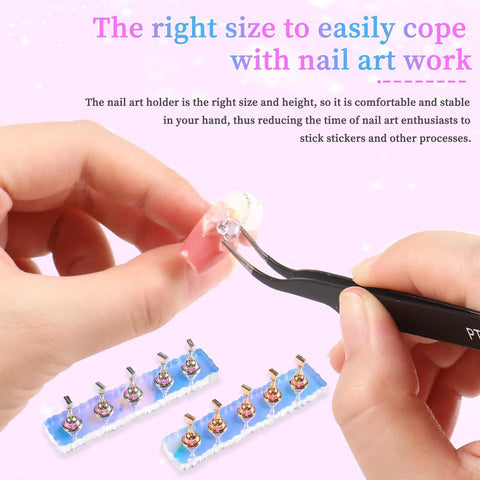 Hands using tweezers with 2 Piece Aurora Nail Stand Set for Painting Nails, Magnetic Nail Holder Display shown in background