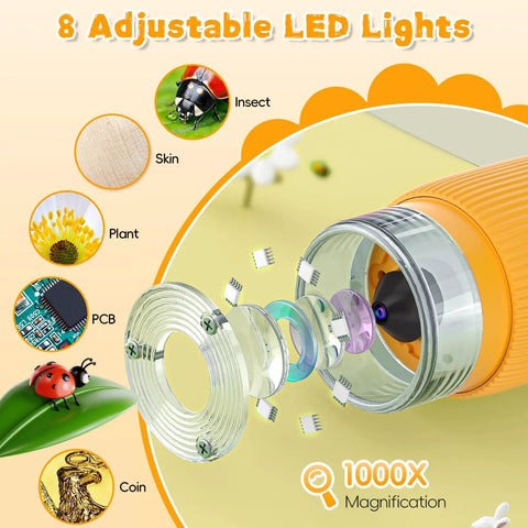 Kid-Friendly 1000X Handheld Digital Microscope With 2 Inch HD IPS Screen, Portable Mini Camera For Exploring Nature, Educational Science Toy Gift For 3-12 Year Old Kids, 8 LED lights