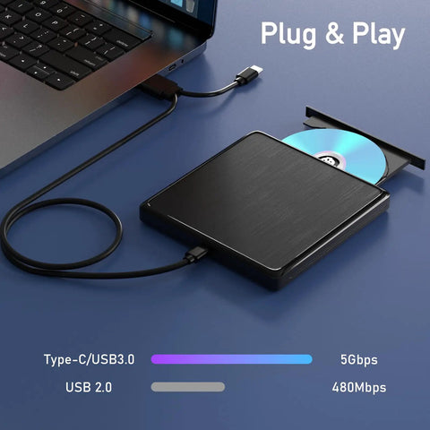 External CD And DVD Drive For Laptop With USB Connection And Extended 31.5 Inch Data Cable For Flexible Placement On Desk Or Shelf Plug And Play Portable Optical Drive For Easy Data Transfer. Black USB-C/USB 3.0 DVD drive with laptop and disc