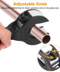Close-up of Ratchet Pipe Cutter Tool For Tight Spaces cutting copper pipe, showcasing adjustable knob for precise 8-29 mm cuts.