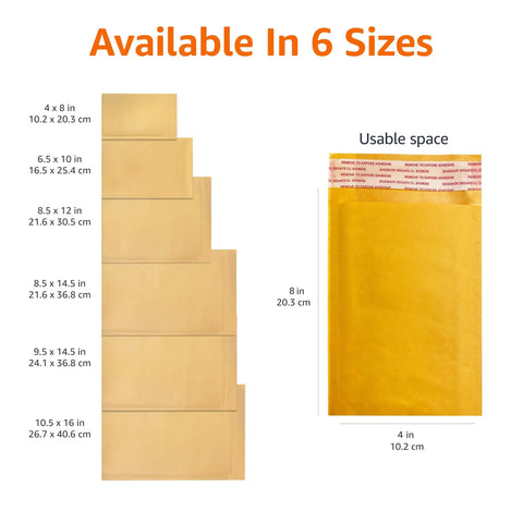 Diagram showing Sturdy Kraft Bubble Self Seal Padded Envelopes 4x8 Inches For Shipping 50 Pack with dimensions in 6 sizes.