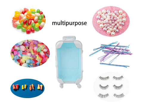 Lijinhe mini suitcase favor boxes with wheels; front view shows light blue travel luggage with candy and lashes, 4 pcs