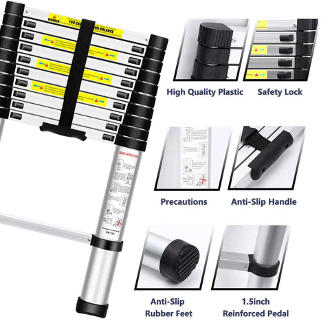 Telescopic Aluminum Extension Ladder 12.5 Ft Multi Purpose Collapsible Ladder With Non Slip Feet And Locking Mechanism Beefy 330 Lb Capacity features and safety details