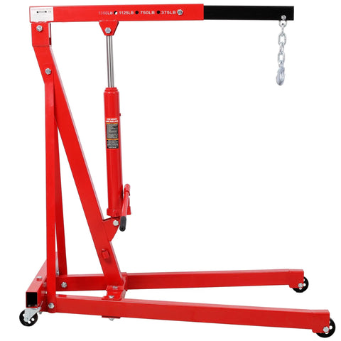 Heavy Duty Folding Engine Hoist And Cherry Picker Shop Crane With 1500 Lbs Capacity, red steel frame and smooth rolling casters.