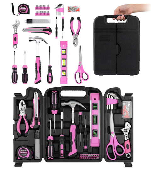 Stylish 131-Piece Pink Tool Kit for Women with Essential Hand Tools Like Hammer, Adjustable Wrench, Pliers, Screwdrivers, and Scissors