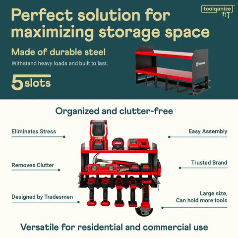 Heavy Duty Power Tool Organizer Wall Mount With Metal Drill Holder And Cordless Tool Chest Rack For A Pro Garage Setup Premium Shelving Pegboard Shed Storage Red with 5 slots
