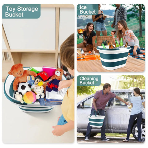 Collapsible 4.2 Gallon Mop Bucket With Handle used as toy storage, ice bucket for picnic, and car wash cleaning bucket.