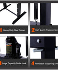 Heavy Duty 20 Ton Hydraulic H Frame Shop Press With Snappy Manual Hand Pump And Adjustable Steel Work Table For Hardcore Auto Repair Garage Grind Powder Coated Rust Resistant Build showing key features including heavy duty steel frame, precision spring, large bottle jack and supporting levers.