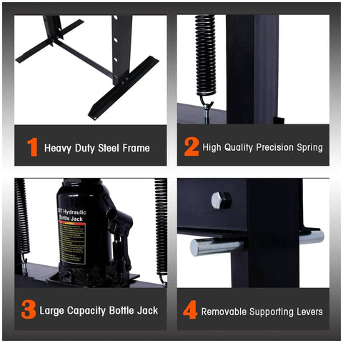 Heavy Duty 20 Ton Hydraulic H Frame Shop Press With Snappy Manual Hand Pump And Adjustable Steel Work Table For Hardcore Auto Repair Garage Grind Powder Coated Rust Resistant Build showing key features including heavy duty steel frame, precision spring, large bottle jack and supporting levers.
