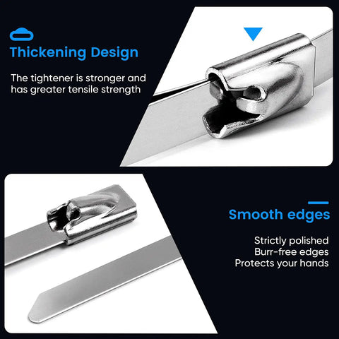 Heavy Duty 304 Stainless Steel Zip Ties 11.8 Inches Metal Cable Ties Built Tough, featuring thickened design and smooth edges for safety.