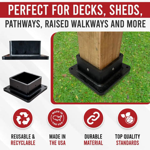 Heavy Duty 4x4 Post Base Bracket Anchor With Rust Free Plastic Deck Skirt And Flange Cover For Wood Posts and Handrail Braces Built Ridiculously Tough In Usa For Yard Work Projects, installed on timber post.