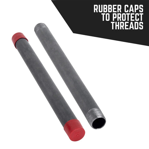 Half Inch Black Pipe Nipple 48 Inch Pack of 4 with rubber caps, malleable cast iron for DIY vintage furniture build, side view