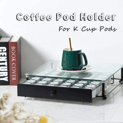 High Capacity Coffee Pod Drawer Organizer With Tempered Glass Top Holds 36 K Cup Pods in black metal frame on counter.