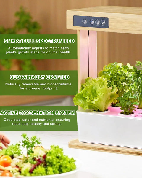 Indoor Hydroponic Garden System With 8 Pod Smart Grow Kit featuring LED grow light and herbs on kitchen countertop