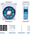 Four Pack Filament Storage Boxes For 3D Printing With Built In Desiccant Label Kit shown with filament, labels, marker, and desiccant.
