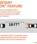 Diagram showing instant "on" feature of LED brake lights with 18ft stopping distance, enhancing safety.