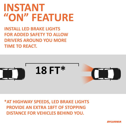 Diagram showing instant "on" feature of LED brake lights with 18ft stopping distance, enhancing safety.