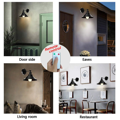 Two Pack Black Swing Arm Wall Sconces With Remote Control Cordless Battery Powered LED Wall Lamps Dimmable Indoor Wireless Mount Lights for Bedroom, Living Room, Door Side, Eaves, Restaurant Scene