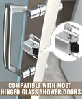 2 Pack Stainless Steel Shower Door Latch Replacement With Rust Proof Tip installed on hinged glass shower door.