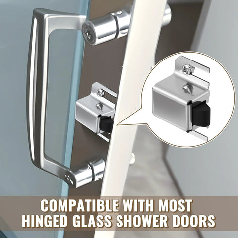 2 Pack Stainless Steel Shower Door Latch Replacement With Rust Proof Tip installed on hinged glass shower door.