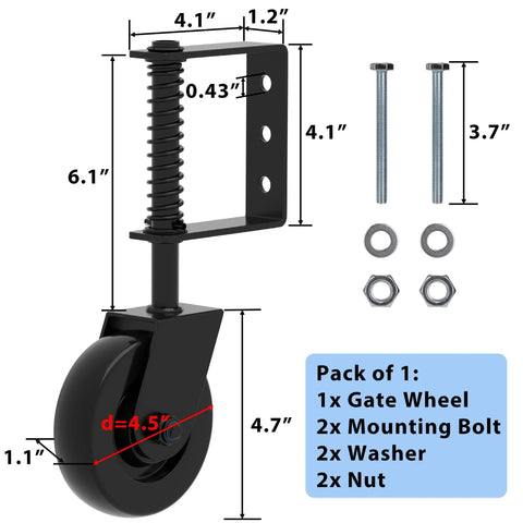 Heavy Duty Gate Wheel With Smooth Spinning Rubber Casters And Auto Adjusting Spring Mount For Backyard Wood Fences Garden Paths And Barn Doors with dimensions