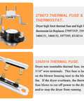 Upgrade Dryer Heating Element Kit WP3387747 showing thermal fuse and thermostat components with specifications.