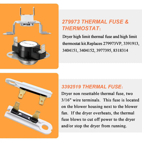 Upgrade Dryer Heating Element Kit WP3387747 showing thermal fuse and thermostat components with specifications.